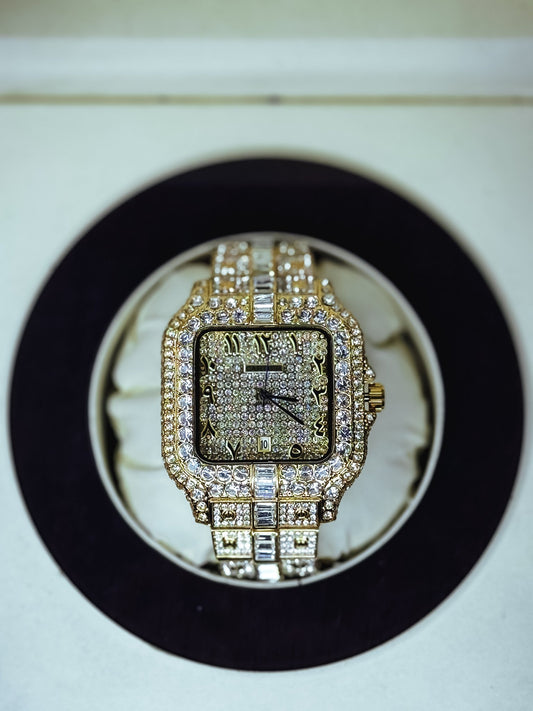 Cartier Santos-Inspired Iced Out Watch with an Arabic Dial